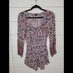 American Eagle Outfitters white blue & burgundy red long sleeve romper